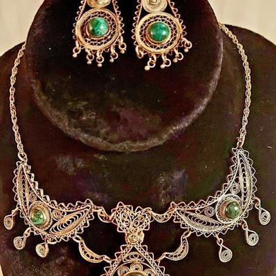 Antique/Vtg Sterling Silver JerusalymNecklace & Earrings set/ Eilat Green stones.