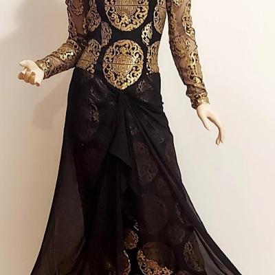 Vtg Couture Michael Casey 80s Chiffon/Gold Metallic maxi dress