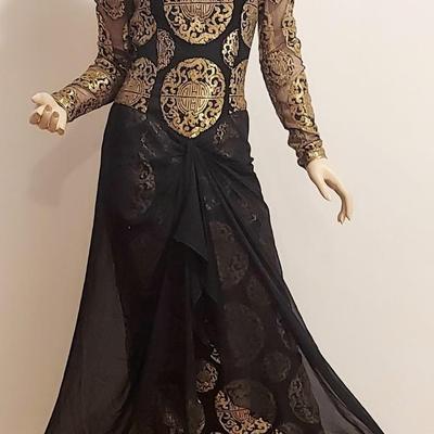 Vtg Couture Michael Casey 80s Chiffon/Gold Metallic maxi dress