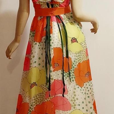 Exquisite vtg 70s Floral Chiffon Hostess Maxi dress w/Ruffles & Millinery Flowers