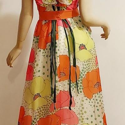 Exquisite vtg 70s Floral Chiffon Hostess Maxi dress w/Ruffles & Millinery Flowers