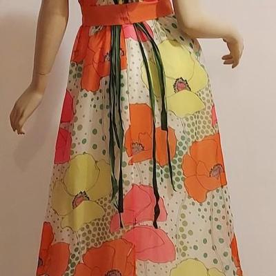 Exquisite vtg 70s Floral Chiffon Hostess Maxi dress w/Ruffles & Millinery Flowers
