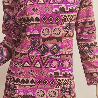 Vtg 60-70s Liberty Circle Poly Jersey Maxi Hostess dress colorful hand Printed