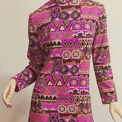 Vtg 60-70s Liberty Circle Poly Jersey Maxi Hostess dress colorful hand Printed