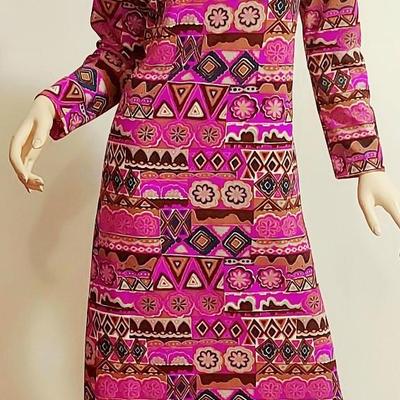 Vtg 60-70s Liberty Circle Poly Jersey Maxi Hostess dress colorful hand Printed