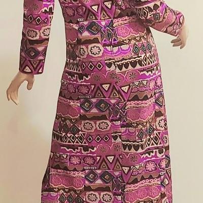 Vtg 60-70s Liberty Circle Poly Jersey Maxi Hostess dress colorful hand Printed