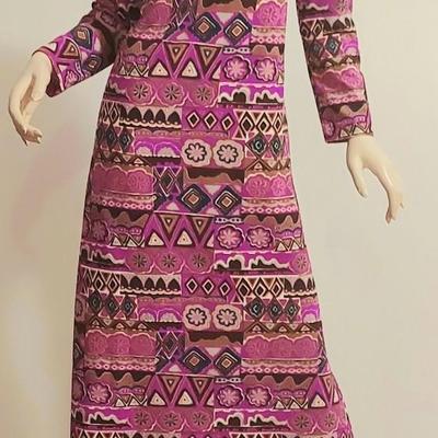 Vtg 60-70s Liberty Circle Poly Jersey Maxi Hostess dress colorful hand Printed