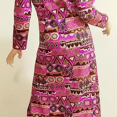 Vtg 60-70s Liberty Circle Poly Jersey Maxi Hostess dress colorful hand Printed