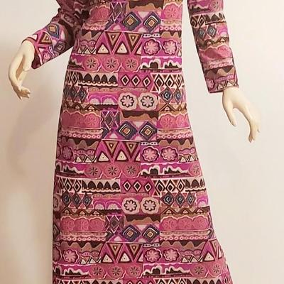 Vtg 60-70s Liberty Circle Poly Jersey Maxi Hostess dress colorful hand Printed