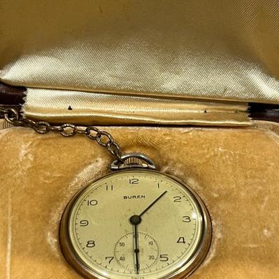 10k Rolled Gold Plate Buren Pocket Watch with Original Box in Working condition