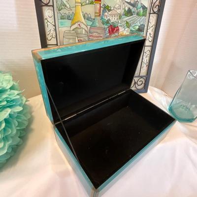 Jewelry box, painted glass/metal wall hanging