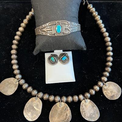Vintage Pawn Turquoise & Silver Necklace Earring set w Sterling bracelet