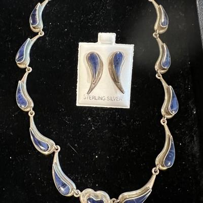 Sterling and Sodalite signed Taxco necklace earring set