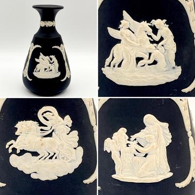 WEDGEWOOD ~ Pair (2) ~ Cream Color On Black Jasperware Bud Vases