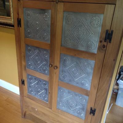 Solid Pine Double Door Pie Safe or Jelly Cabinet with Punched Tin Accent Panels (No Contents)