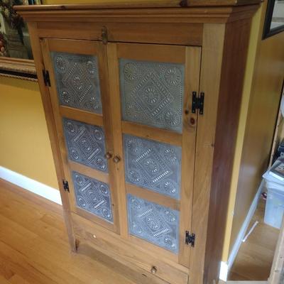 Solid Pine Double Door Pie Safe or Jelly Cabinet with Punched Tin Accent Panels (No Contents)
