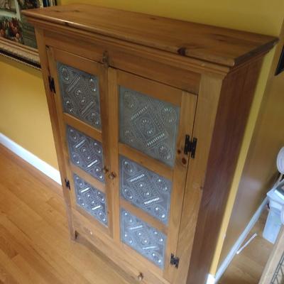 Solid Pine Double Door Pie Safe or Jelly Cabinet with Punched Tin Accent Panels (No Contents)