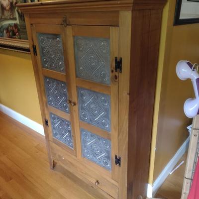 Solid Pine Double Door Pie Safe or Jelly Cabinet with Punched Tin Accent Panels (No Contents)