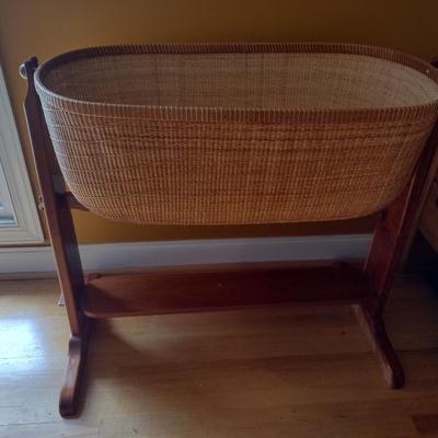 Custom Made Nantucket Basket Bassinet with Cherry Wood Frame Local Artist