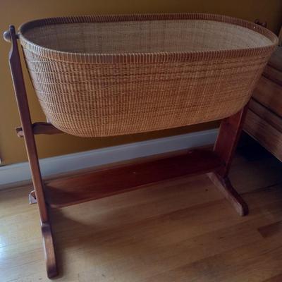 Custom Made Nantucket Basket Bassinet with Cherry Wood Frame Local Artist