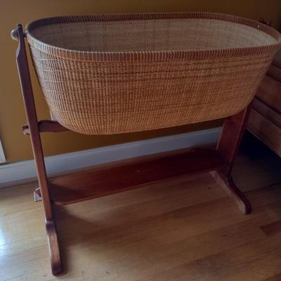 Custom Made Nantucket Basket Bassinet with Cherry Wood Frame Local Artist