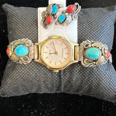 Unmarked silver turquoise & coral watch band + earrings