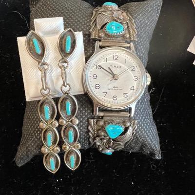 Sterling & turquoise watch band & earrings