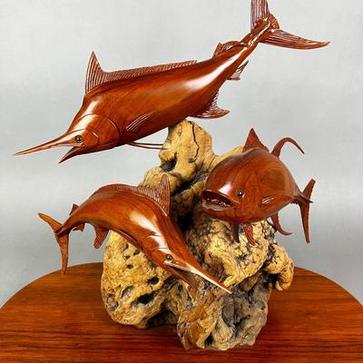 658 Signed Hand Carved Marlin & Tuna Fishing Mount