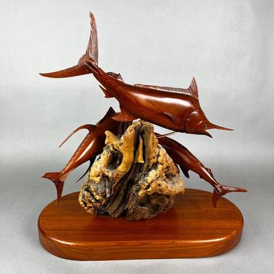 658 Signed Hand Carved Marlin & Tuna Fishing Mount