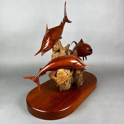 658 Signed Hand Carved Marlin & Tuna Fishing Mount