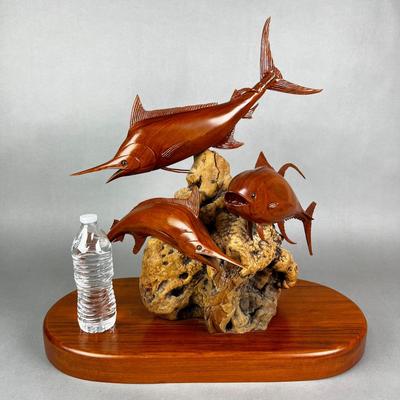 658 Signed Hand Carved Marlin & Tuna Fishing Mount