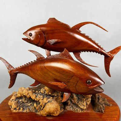 659 Signed Hand Carved Tuna Fishing Mount