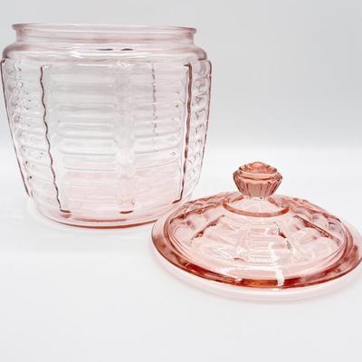 Vtg. Depression Glass Pink Ribbed Bee Hive Cookie Biscuit Jar