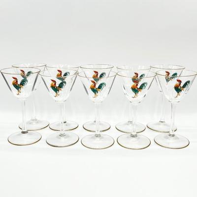 Vtg. Rooster Cocktail Martini Glasses ~ Set Of Ten (10)