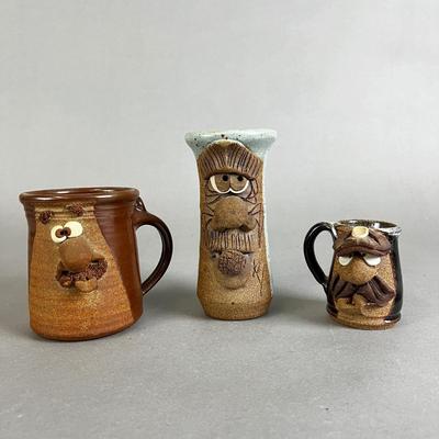 672 Signed K.S. 1970 Handcrafted Stoneware Funny Face Mugs