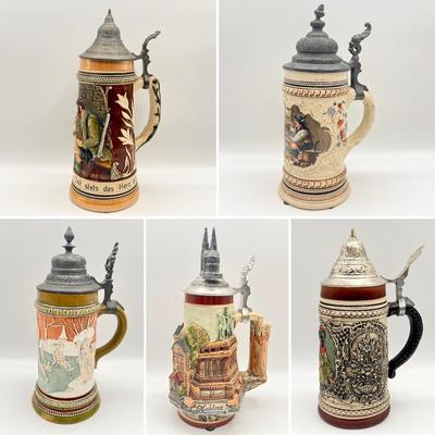 Collection Of Five (5) Ceramic German Beer Steins