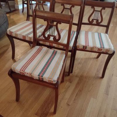 Set of Six Solid Wood Framed Harp Back Dining Chairs with Upholstered Seat