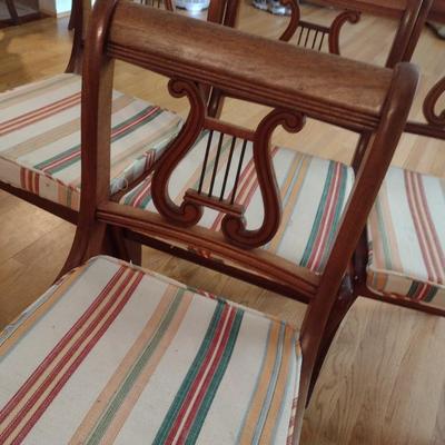 Set of Six Solid Wood Framed Harp Back Dining Chairs with Upholstered Seat