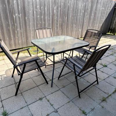 Metal Glass Top Patio Table & 4 Folding Chairs Set ~ *Read Details
