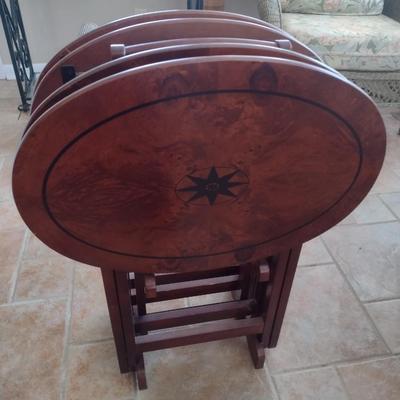 Set of Four Oval TV Trays with Stand Burlwood Finish