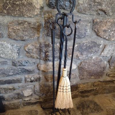 Impressive Thick and Heavy Wrought Iron Fireplace Tool Set Hand Crafted by Local Blacksmith Artist