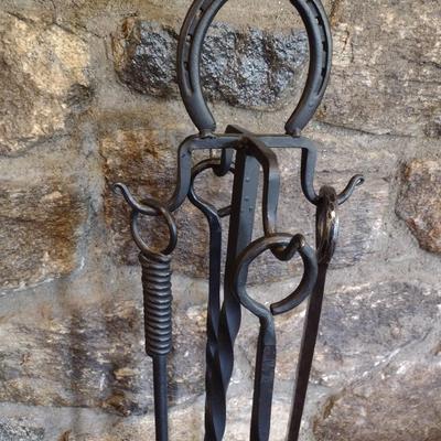 Impressive Thick and Heavy Wrought Iron Fireplace Tool Set Hand Crafted by Local Blacksmith Artist