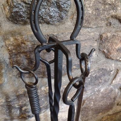 Impressive Thick and Heavy Wrought Iron Fireplace Tool Set Hand Crafted by Local Blacksmith Artist