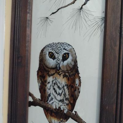 Framed Reverse Glass Owl Painting by Local Artist