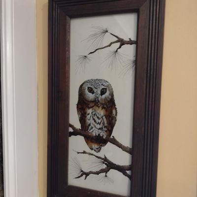 Framed Reverse Glass Owl Painting by Local Artist