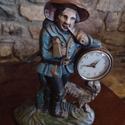 Large Vintage Cast Metal Woodsman with Dog Clock Coin Bank