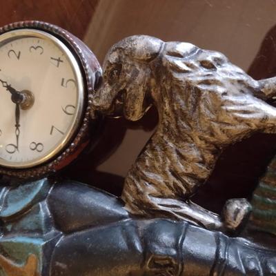 Large Vintage Cast Metal Woodsman with Dog Clock Coin Bank