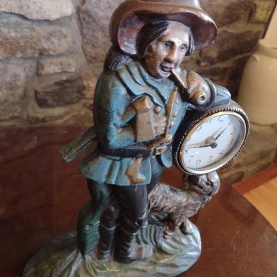 Large Vintage Cast Metal Woodsman with Dog Clock Coin Bank