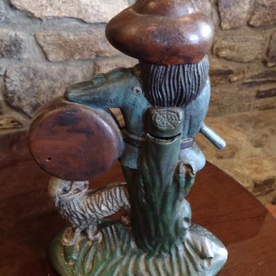 Large Vintage Cast Metal Woodsman with Dog Clock Coin Bank