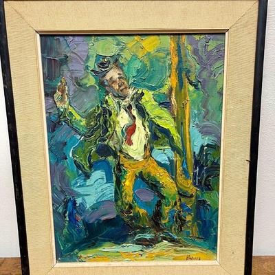 Drinking Clown Framed Oil on Canvas Artwork, signed